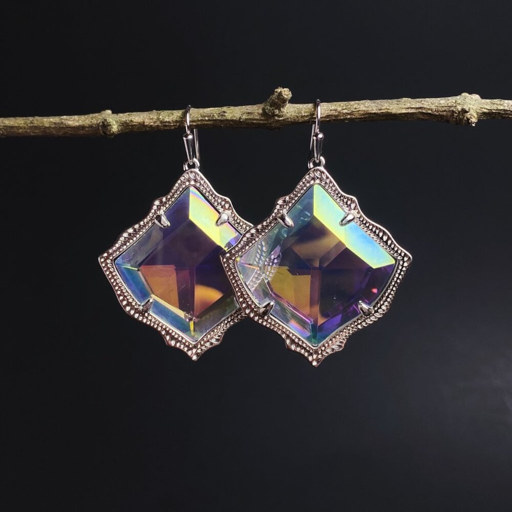 Kendra Scott Kirsten Dichroic Glass Rainbow Iridescent Faceted Silver Earrings